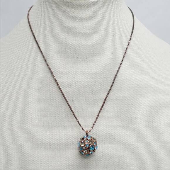 Fossil copper box chain necklace w/ sparkly blue rhinestone ball cluster pendant - Picture 2 of 5